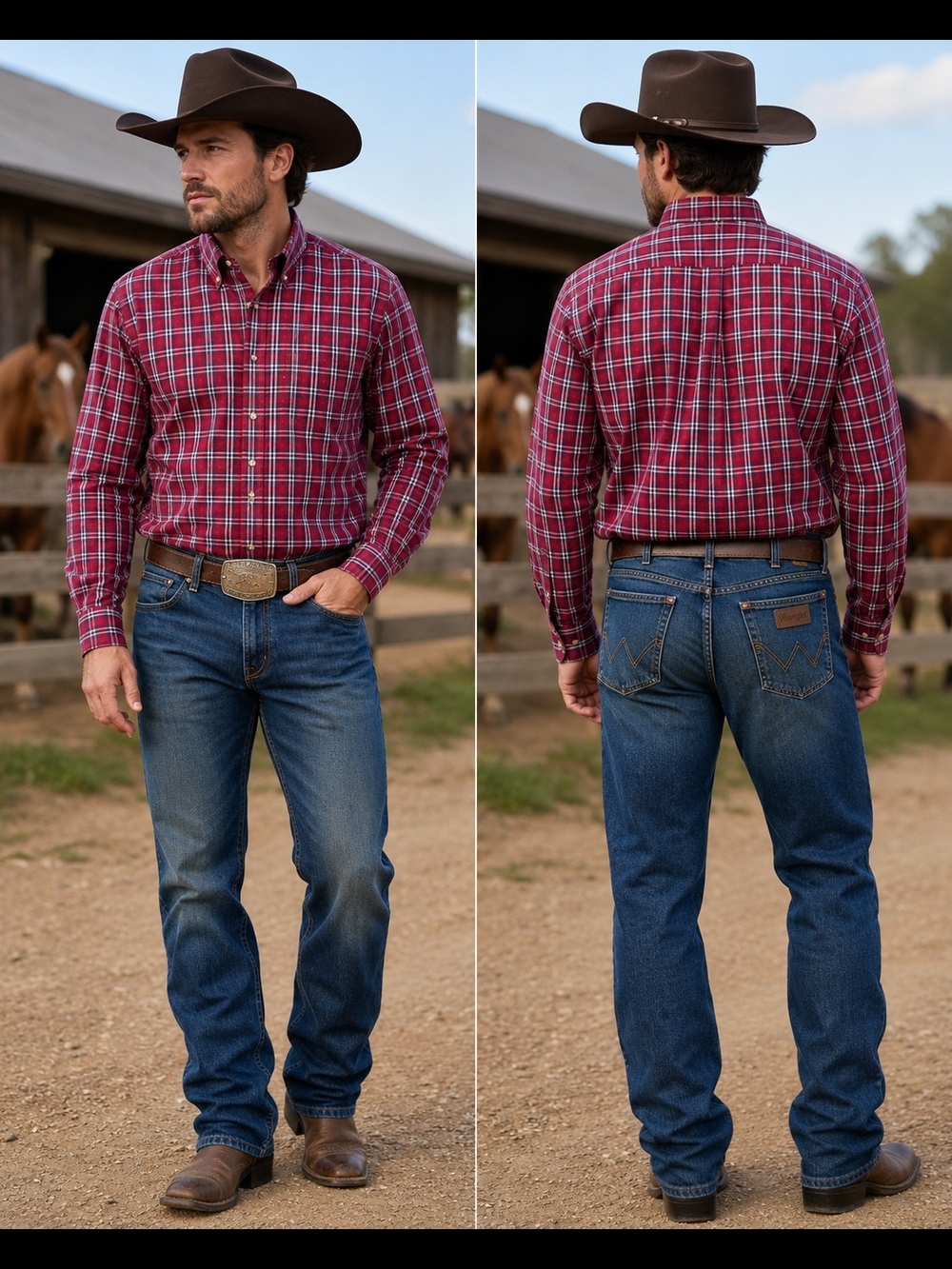 Wrangler Rugged Wear Men's Red Plaid Long Sleeve Button-Up Shirt XL ( USED)